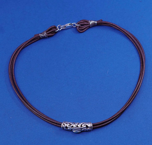 16”, Sterling Silver Multi Strand Leather Necklace 925 Swirl Pendant turquoise