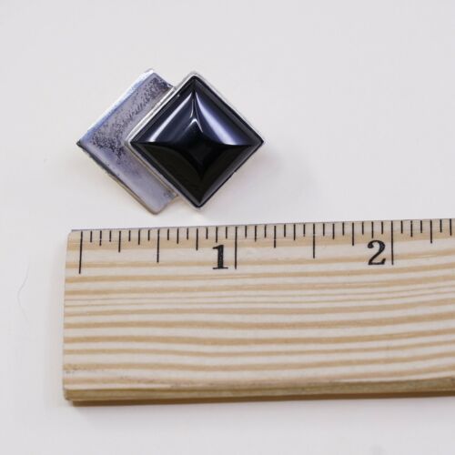 Vtg GFMW Modern Sterling Silver Handmade Earrings, 925 Square Studs W/ Obsidian