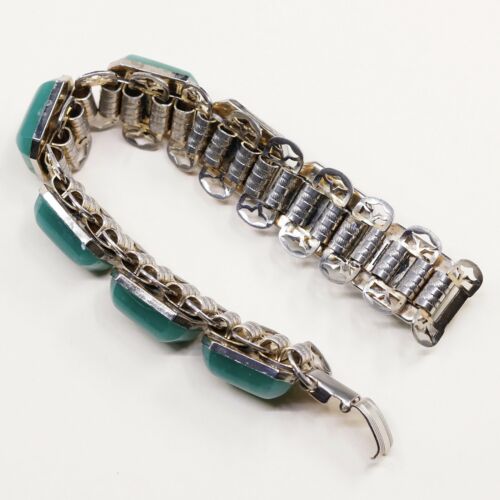 7”, Vintage Statement Sterling Handmade Bracelet, Solid 925 Silver W/ Jade Inlay