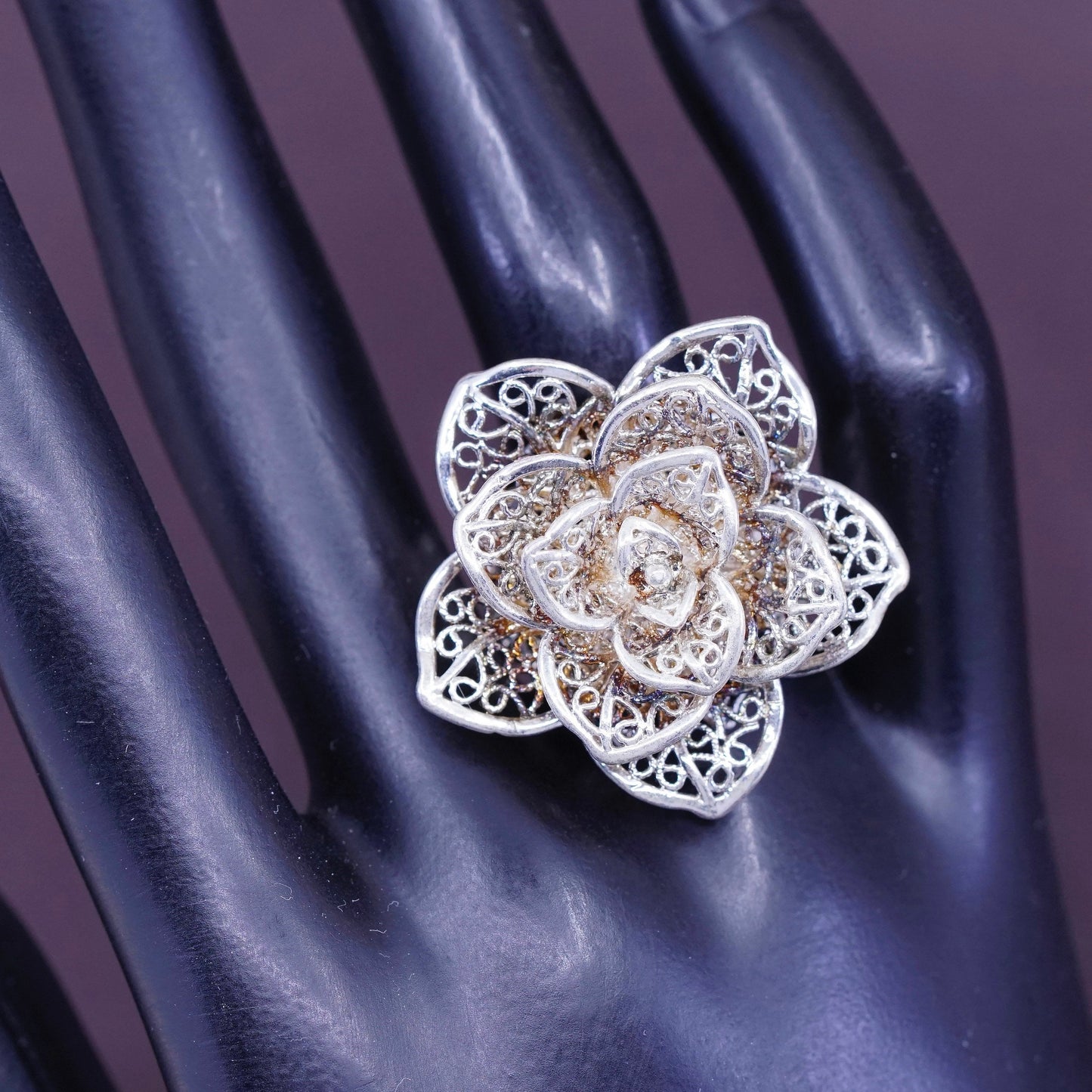 sz adjustable, vtg Sterling silver handmade cocktail ring, 925 filigree flower