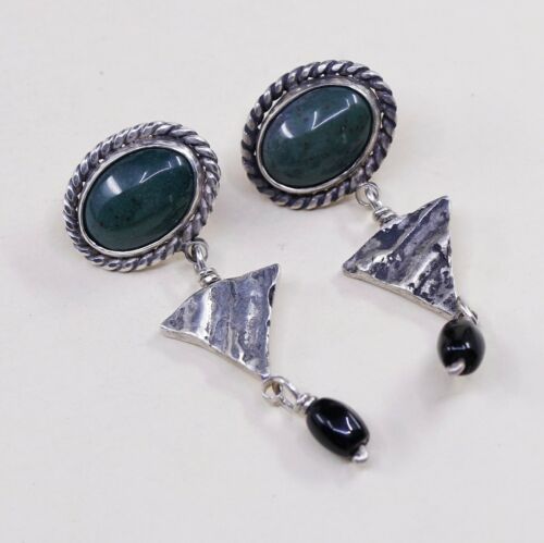 Vtg Amazing handmade Sterling 925 Silver earrings, 925 W/ Jade N Obsidian Dangle