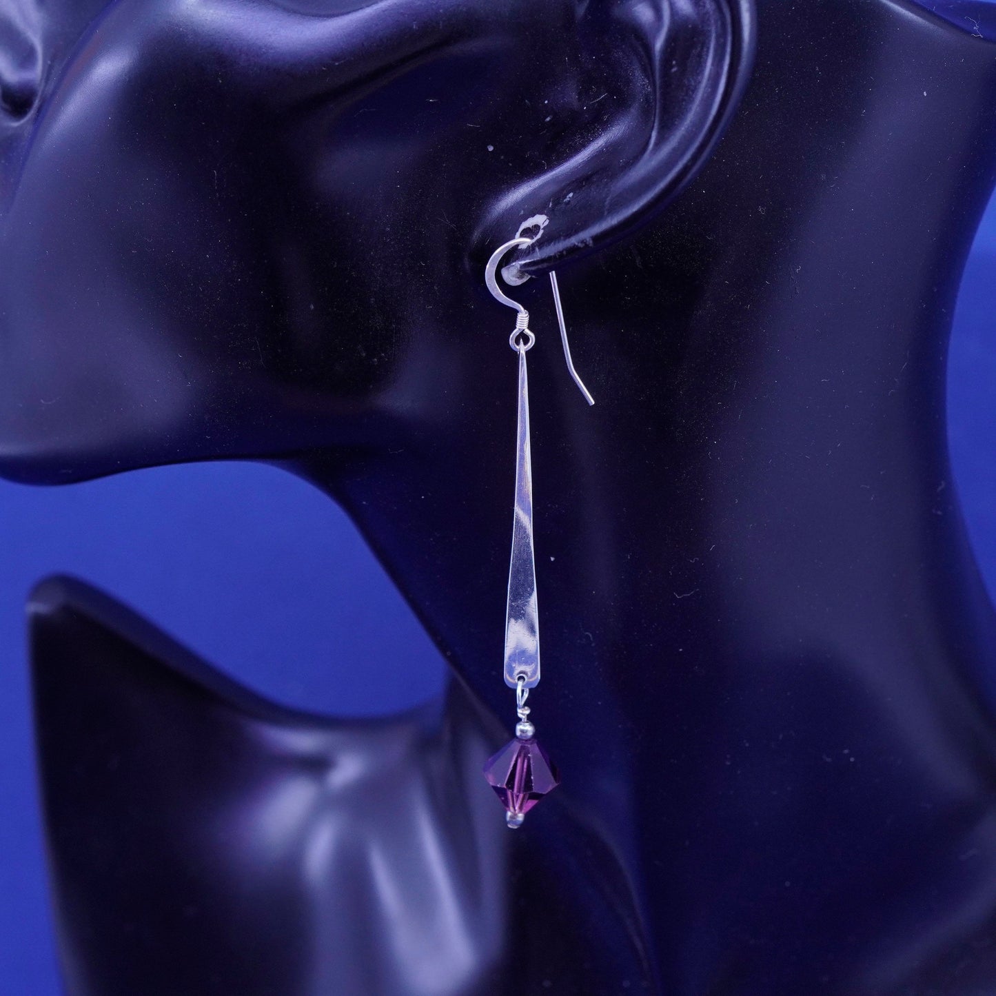 2.5” Vintage Sterling Silver long Earrings. 925 ribbed bar with crystal
