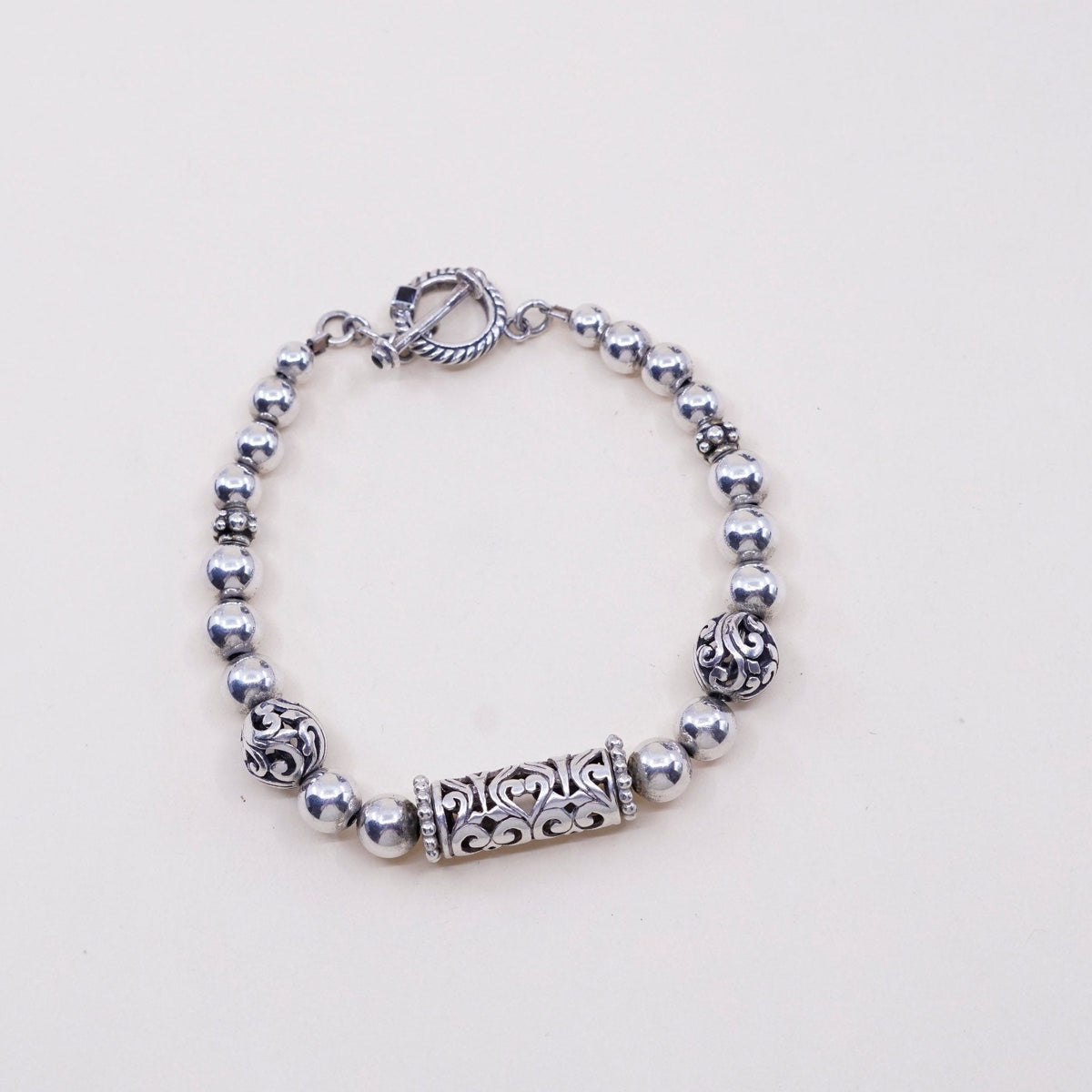 6.75”, vtg Sterling silver handmade bracelet, Mexico 925 Filigree bar w/ beads