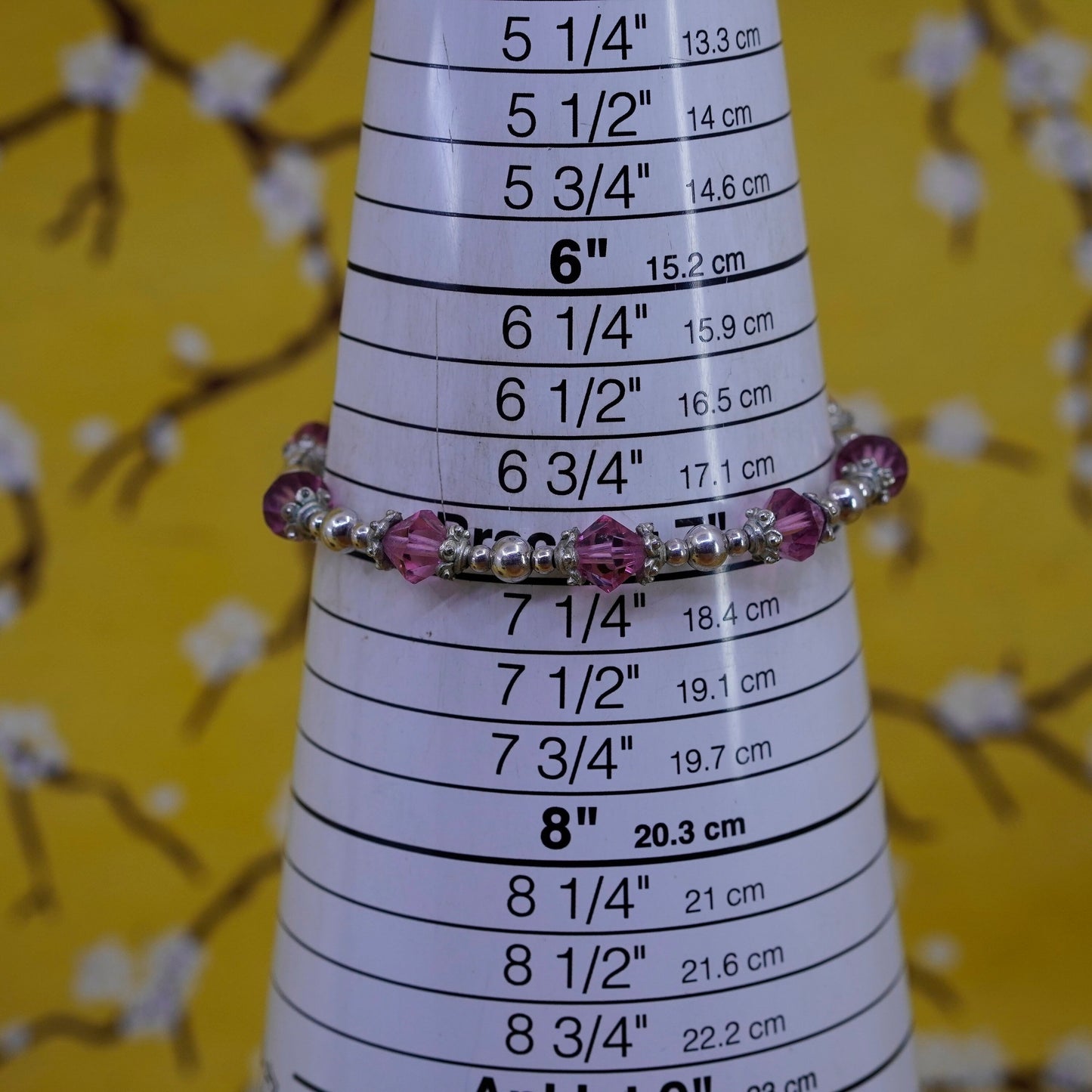 7”, Vintage Sterling silver handmade bracelet, 925 beads with pink crystal