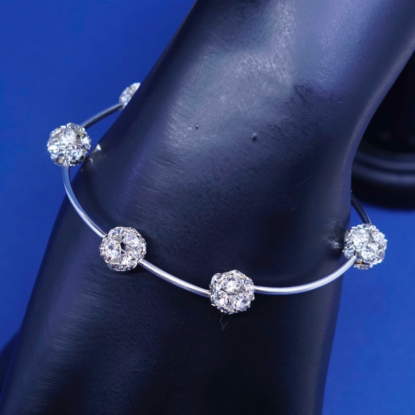 6.5”, Sterling silver handmade bracelet, 925 bar with cluster Cz beads