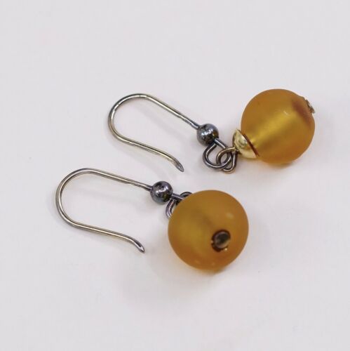 Vtg Sterling 925 Silver Handmade Earrings W/ Orange Bead, Stamped 925