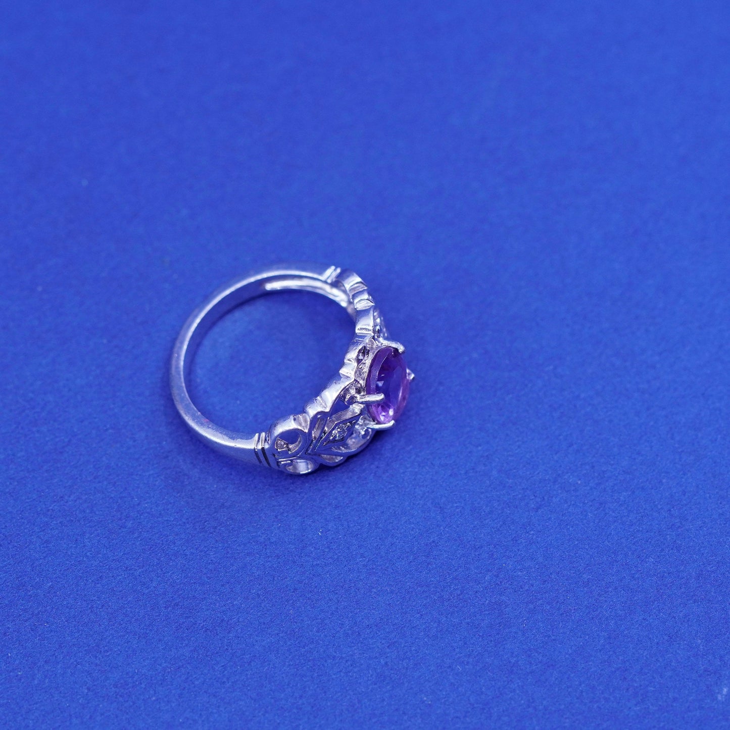 Size 6, Vintage Sterling silver handmade ring, 925 filigree band w/ amethyst Cz