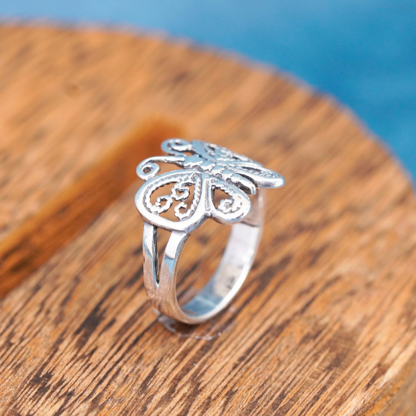 Size 7, vintage sterling silver handmade ring, 925 filigree butterfly band