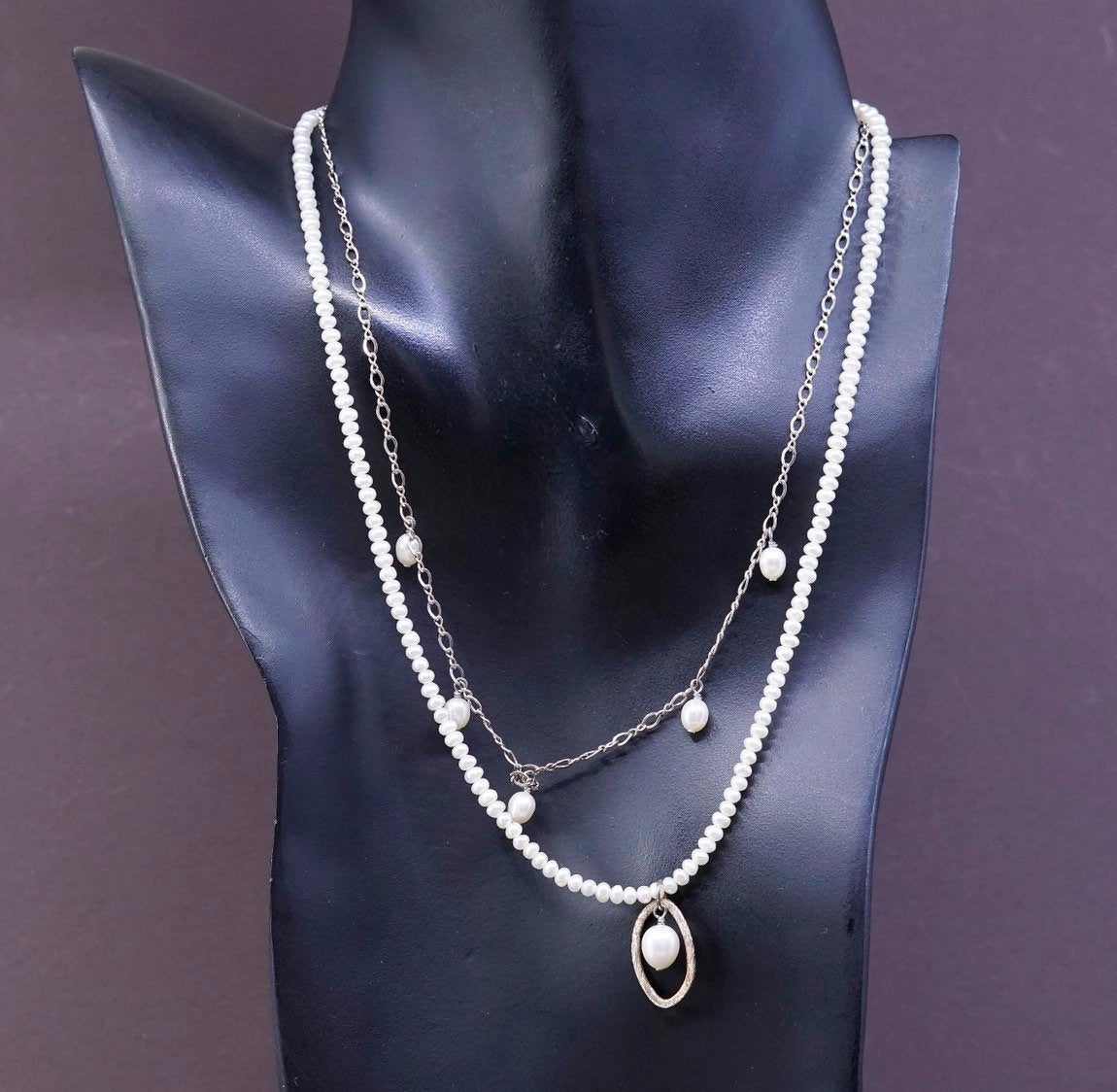 16", sterling silver handmade necklace, 925 figaro chain w/ freshwater pearl
