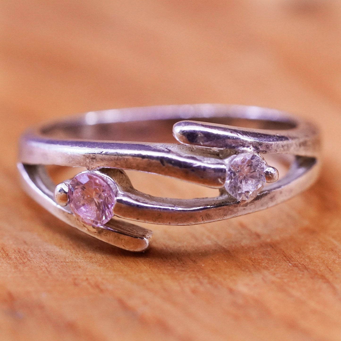 size 6, vintage Sterling 925 silver handmade ring, stackable band with pink cz
