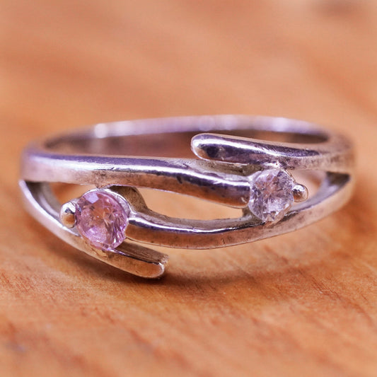 size 6, vintage Sterling 925 silver handmade ring, stackable band with pink cz