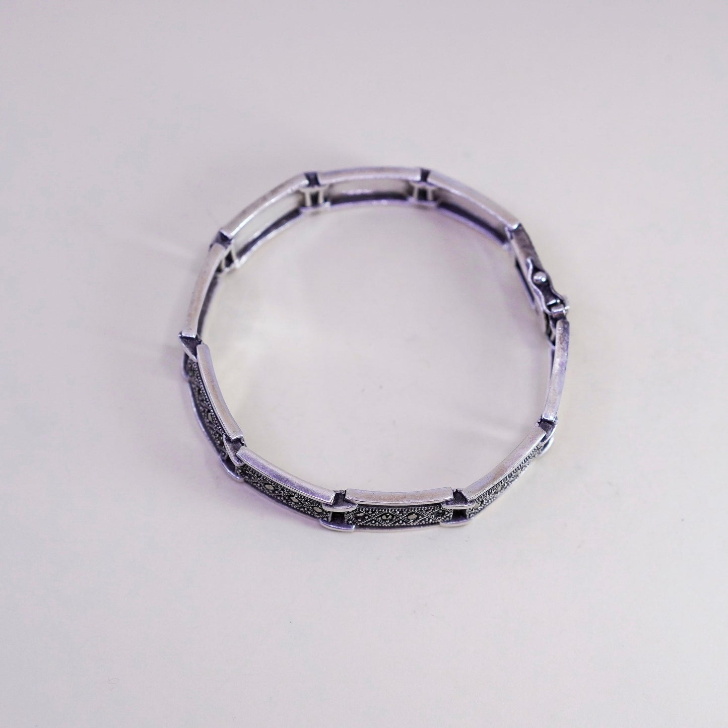 7”, vintage DBJ Sterling 925 Silver, elongated chain, tennis Bracelet marcasite