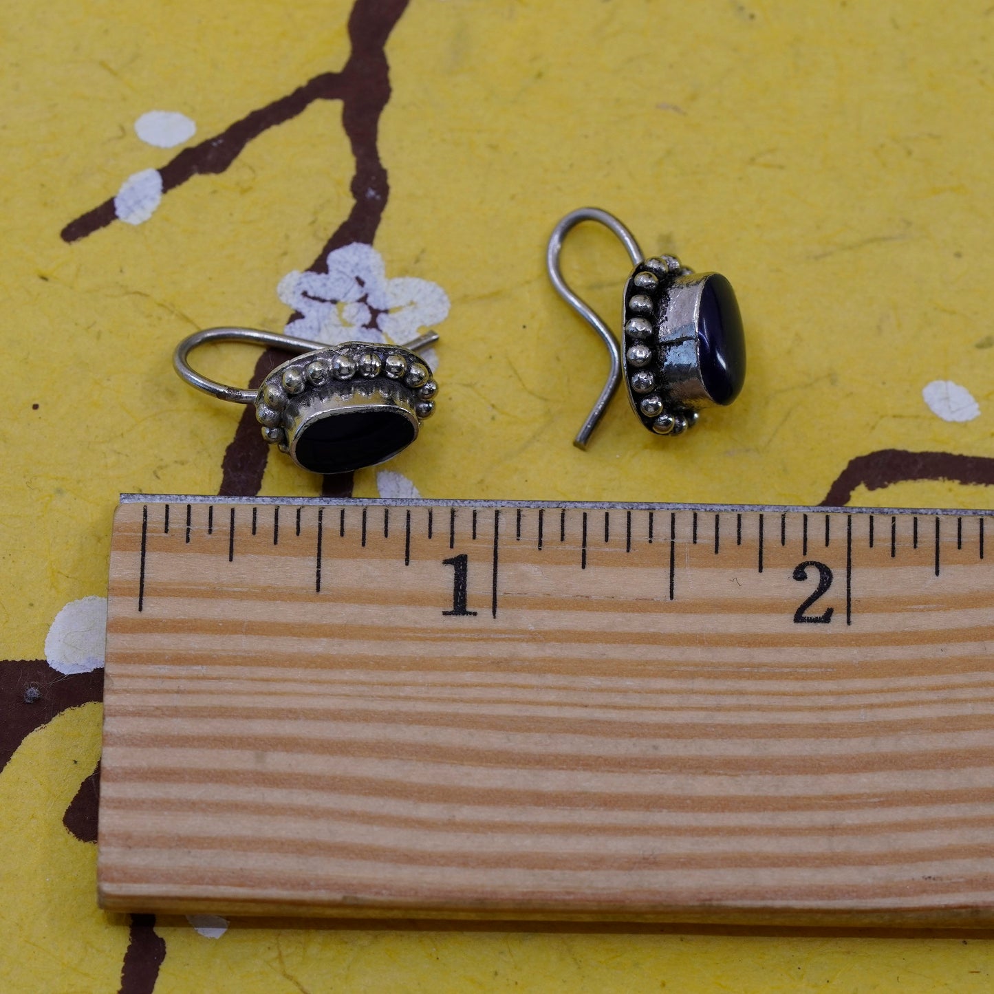 Vintage Sterling 925 silver handmade earrings with oval onyx and beads