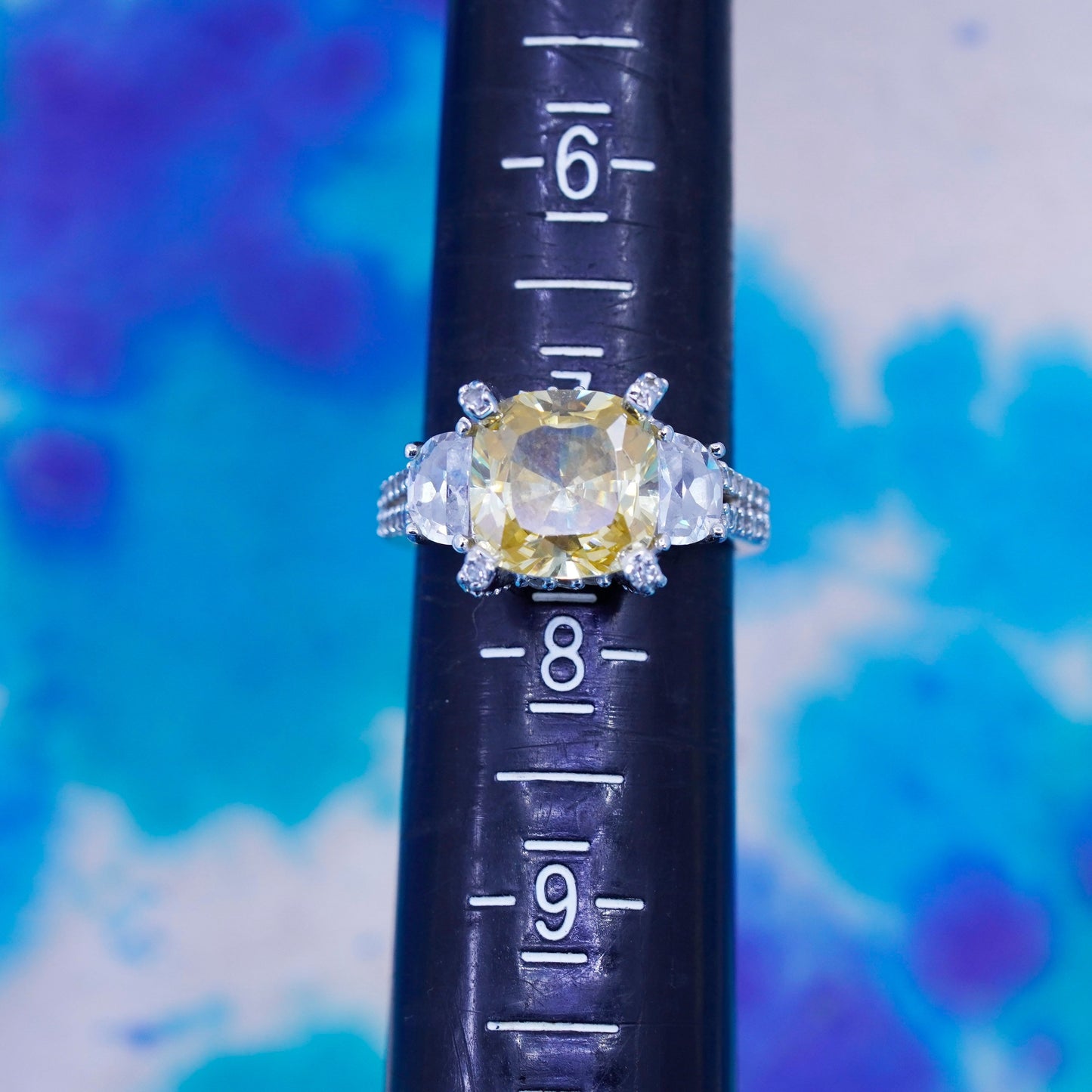 Size 8, vintage Platinum over Sterling 925 silver ring with citrine cluster cz