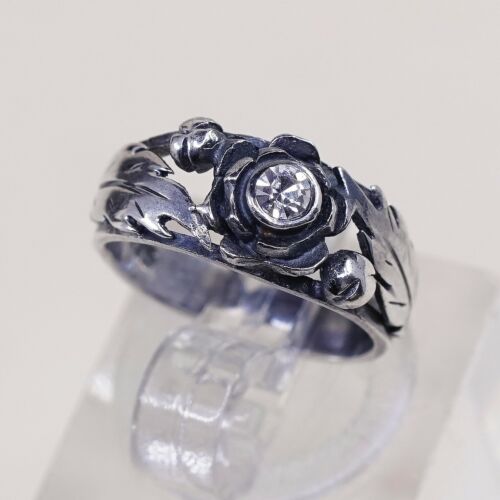 Size 2.25, Vintage Sterling 925 Silver Open Ring W/ Cz And Leaf Details