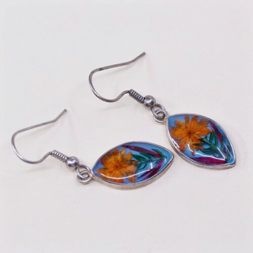 Vtg Alpaca Silver Handmade Earrings, Marquise Resin Sun Flower, Stamped