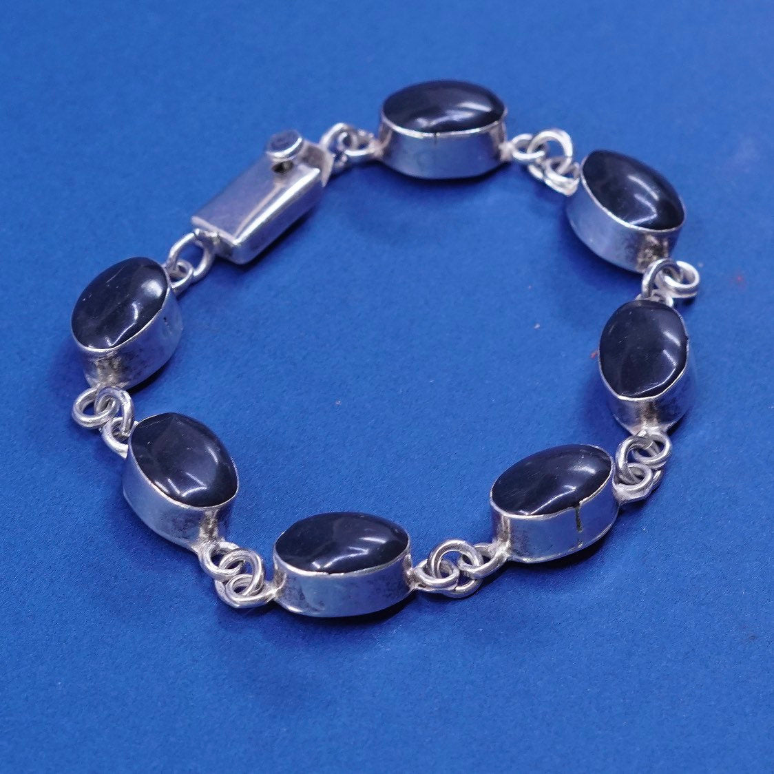 7", vtg Sterling silver handmade tennis bracelet, mexico 925 w/ obsidian