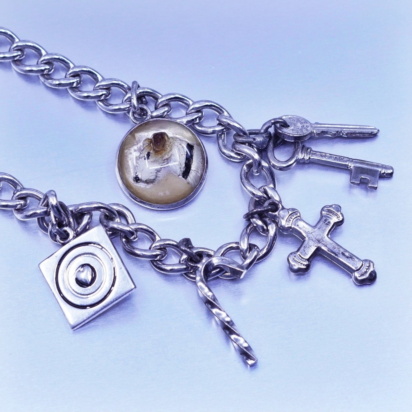 6.5”, Italy Sterling 925 silver bracelet, curb chain heart cross key dog charm