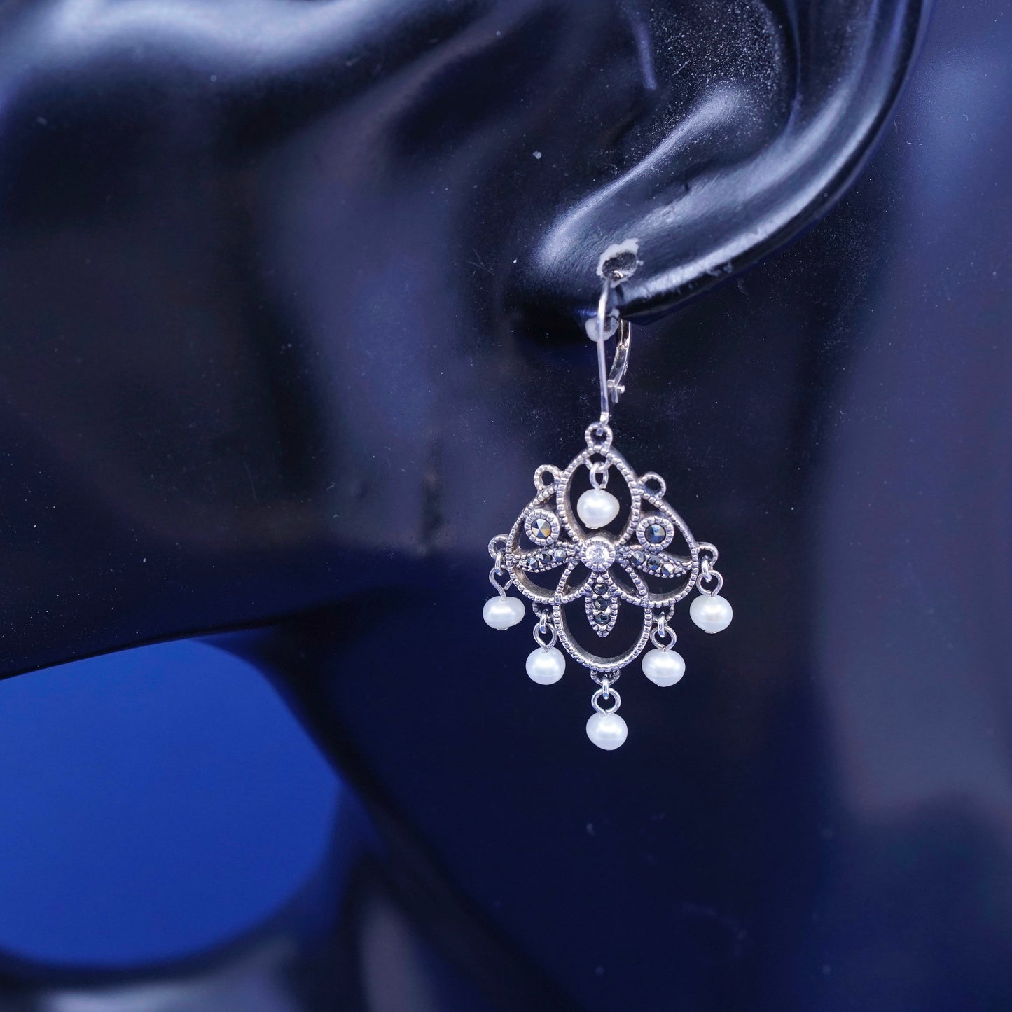 vtg sterling silver handmade earrings, 925 studs w/ marcasite and cluster pearl