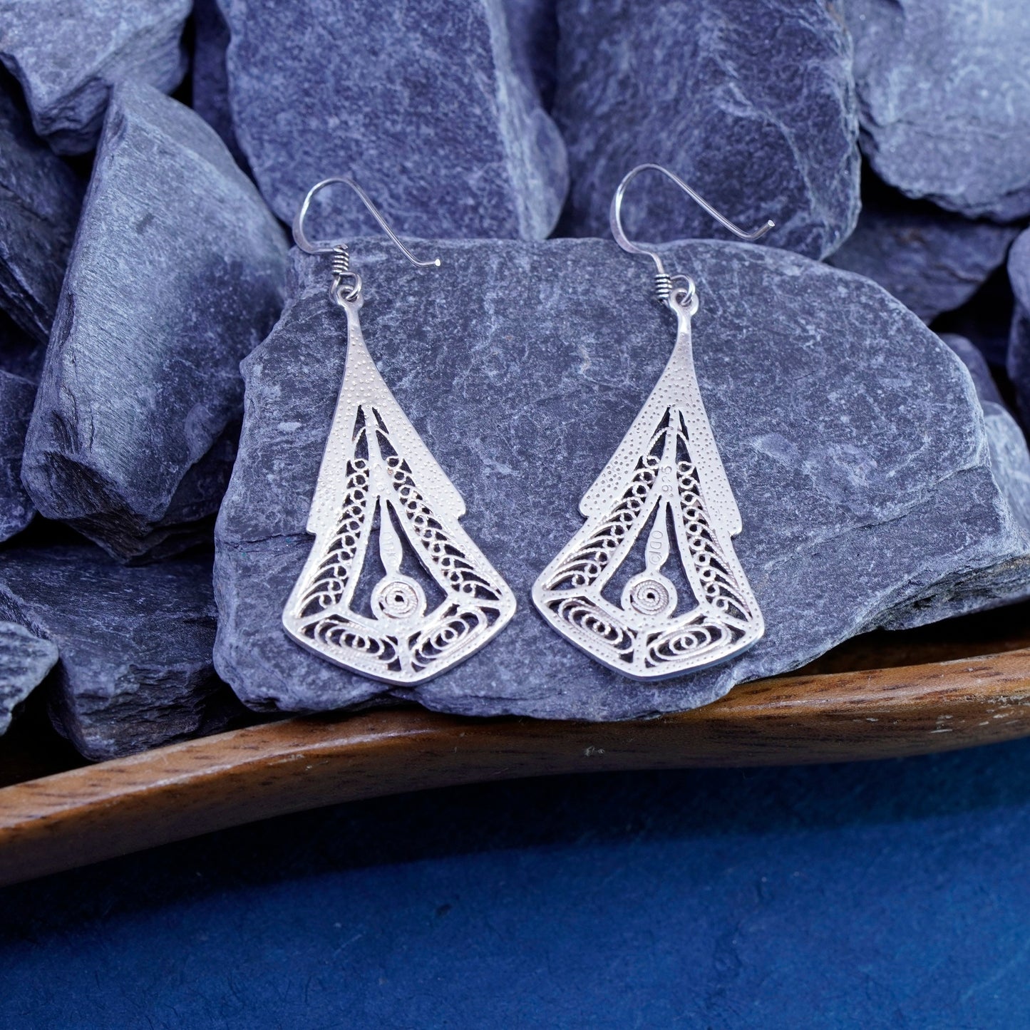 Vintage sterling silver handmade earrings, 925 filigree teardrop drop