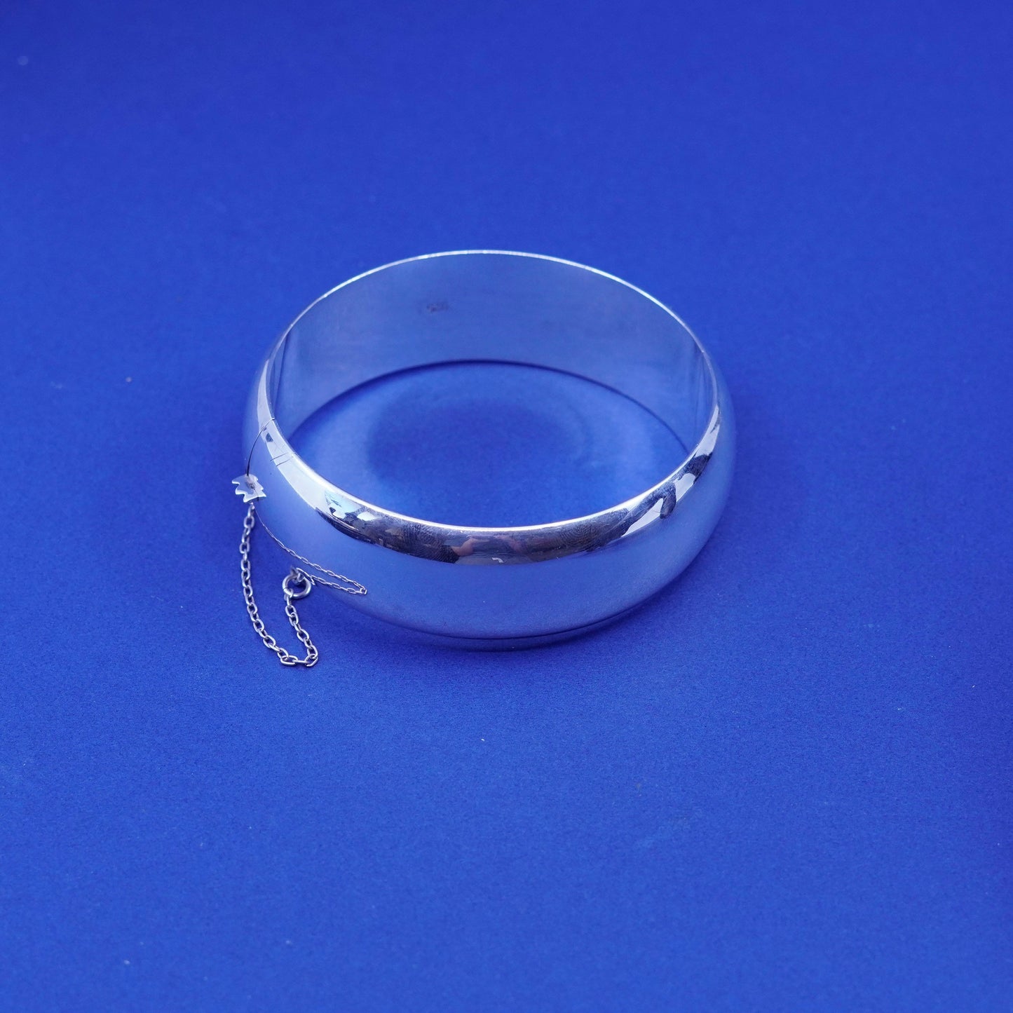 7”, vtg sterling silver handmade bracelet, wide high polish 925 hinged bangle