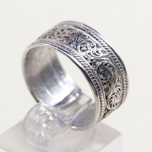 Sz 9, Vtg Sterling Silver handmade Boho Tribal Ring 925 Band W/ Pattern Embossed