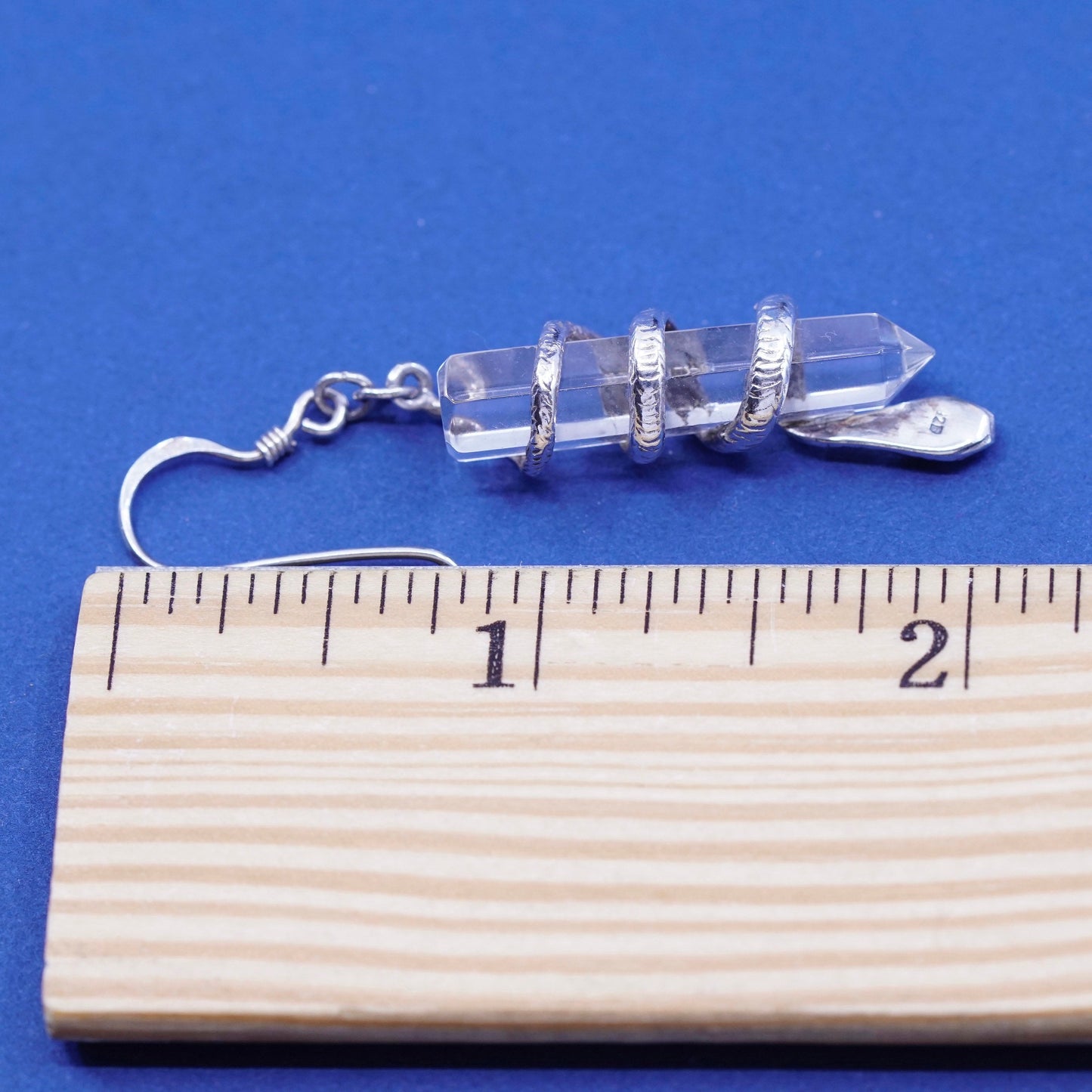 Vintage sterling 925 silver handmade earrings, clear healing crystal with snake