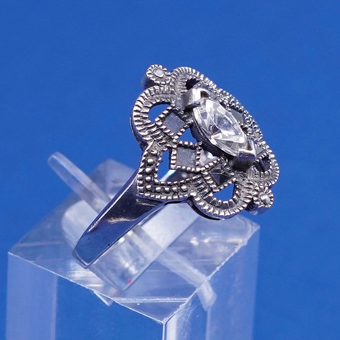 sz 8.25, vtg Sterling silver handmade ring, 925 band w/ marcasite