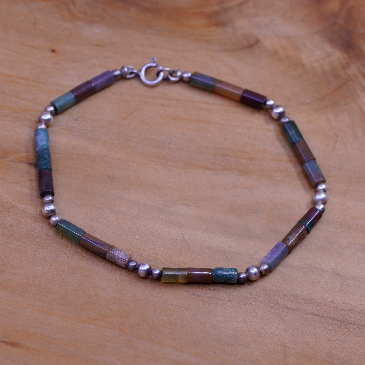 6.75”, Vintage Sterling 925 silver handmade bracelet with green jade tube
