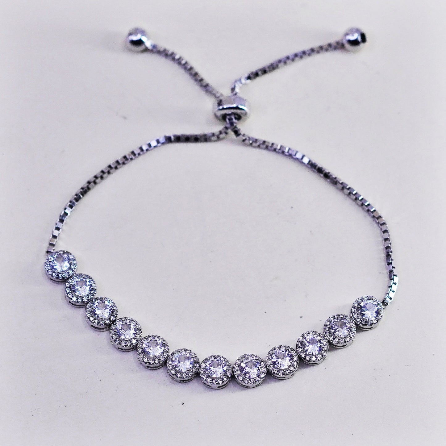 Size adjustable, Vintage sterling silver bracelet, 925 box chain w/ cluster cz