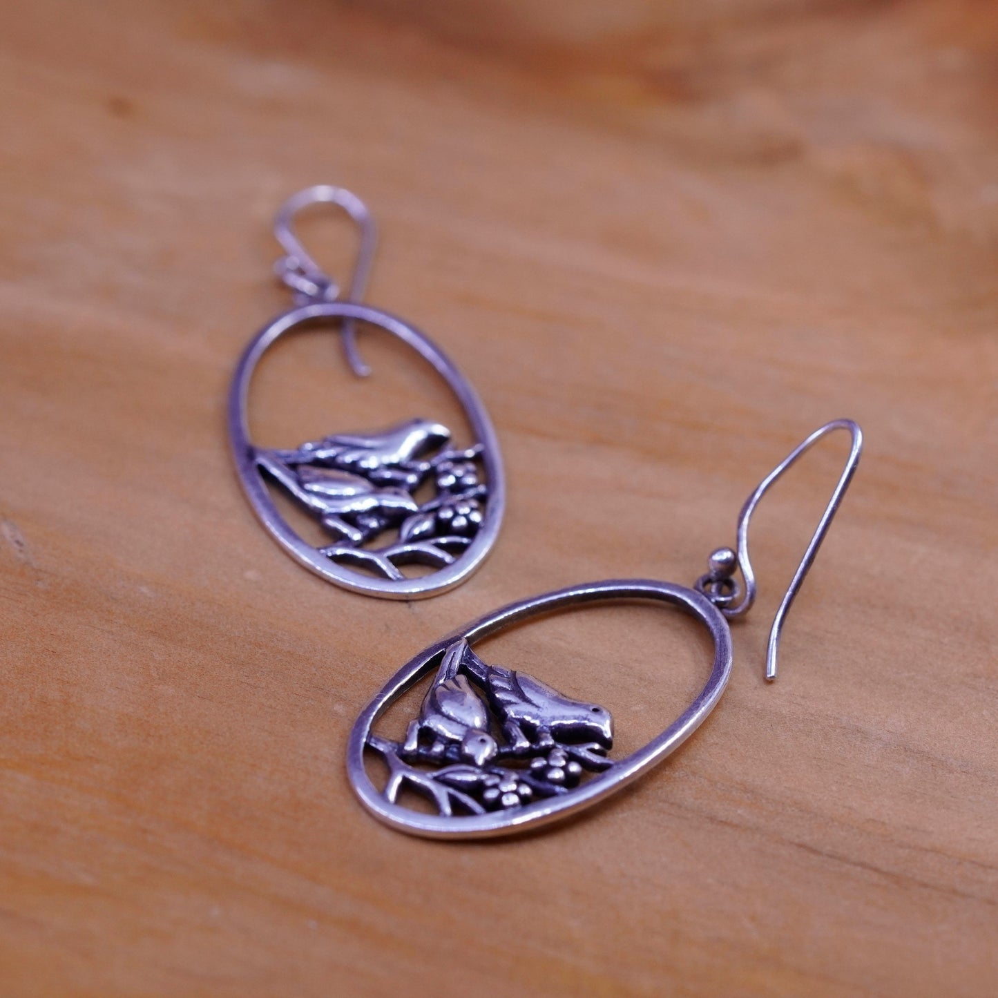 Vintage Sterling silver handmade earrings, 925 birds on branch