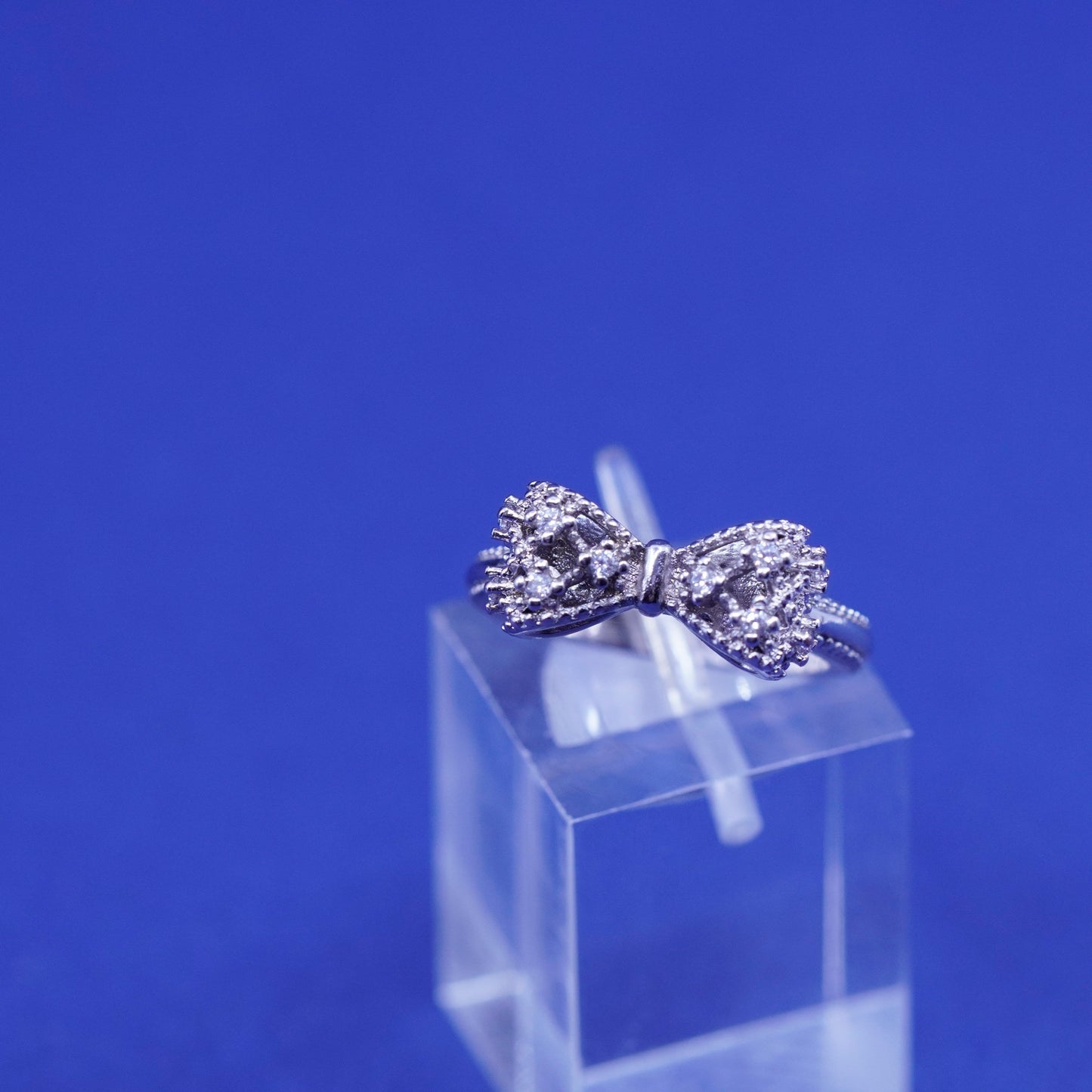 Size 5, vintage Sterling silver handmade ring, 925 bow tie ribbon ring with cz