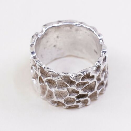 Size 8, Vtg Sterling Silver Handmade Textured Statement Ring 925 Wide Band