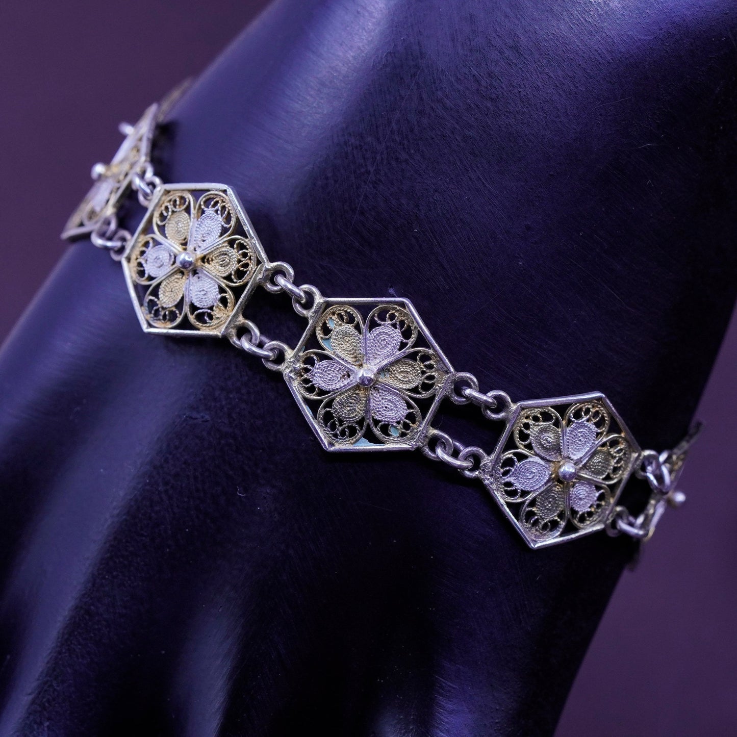 7”, vtg Germany 800 Sterling silver handmade bracelet, filigree floral chain