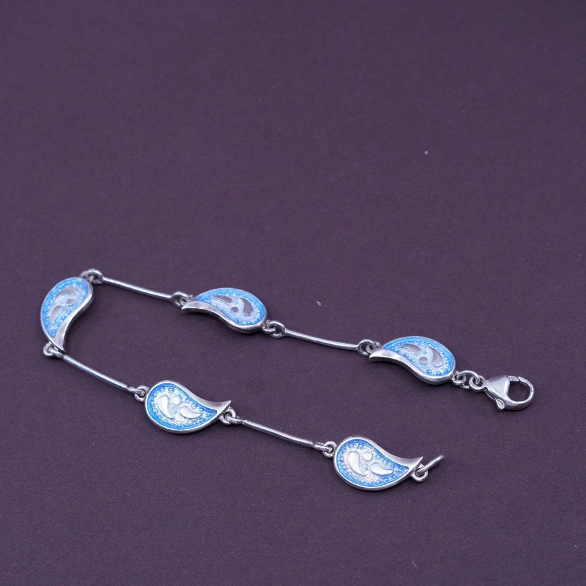 7”, vtg sterling 925 silver handmade bracelet, blue enamel teardrop link chain