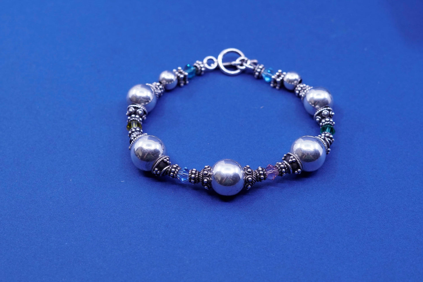 7.75”, vintage sterling 925 silver handmade bracelet with crystal beads