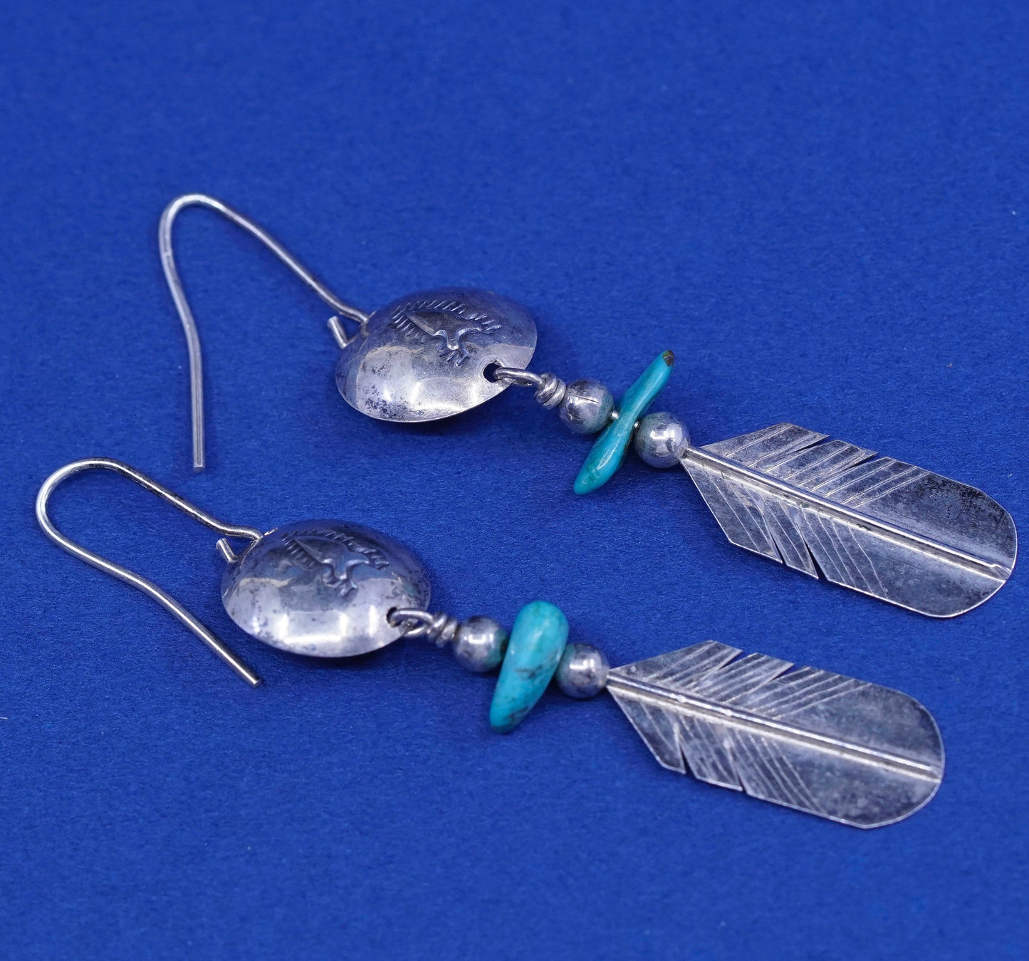 vtg LHTO sterling silver handmade earrings, 925 disc N feather w/ turquoise