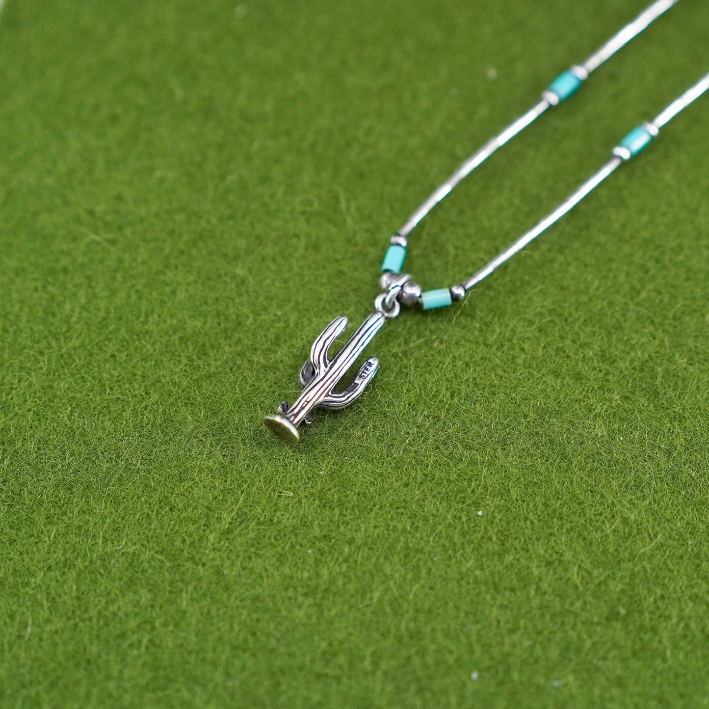 16”, Native American heishi Navajo Sterling necklace, 925 liquid silver cactus