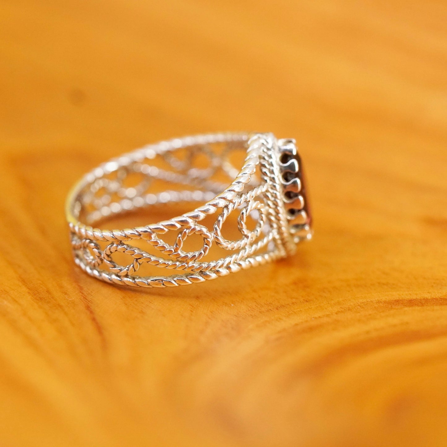 Size 8.25, vintage Sterling 925 silver handmade filigree ring with ruby