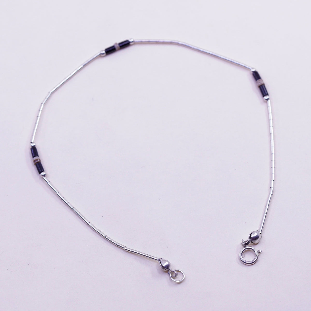9”, Vintage Handmade sterling silver anklet, 925 liquid silver chain obsidian