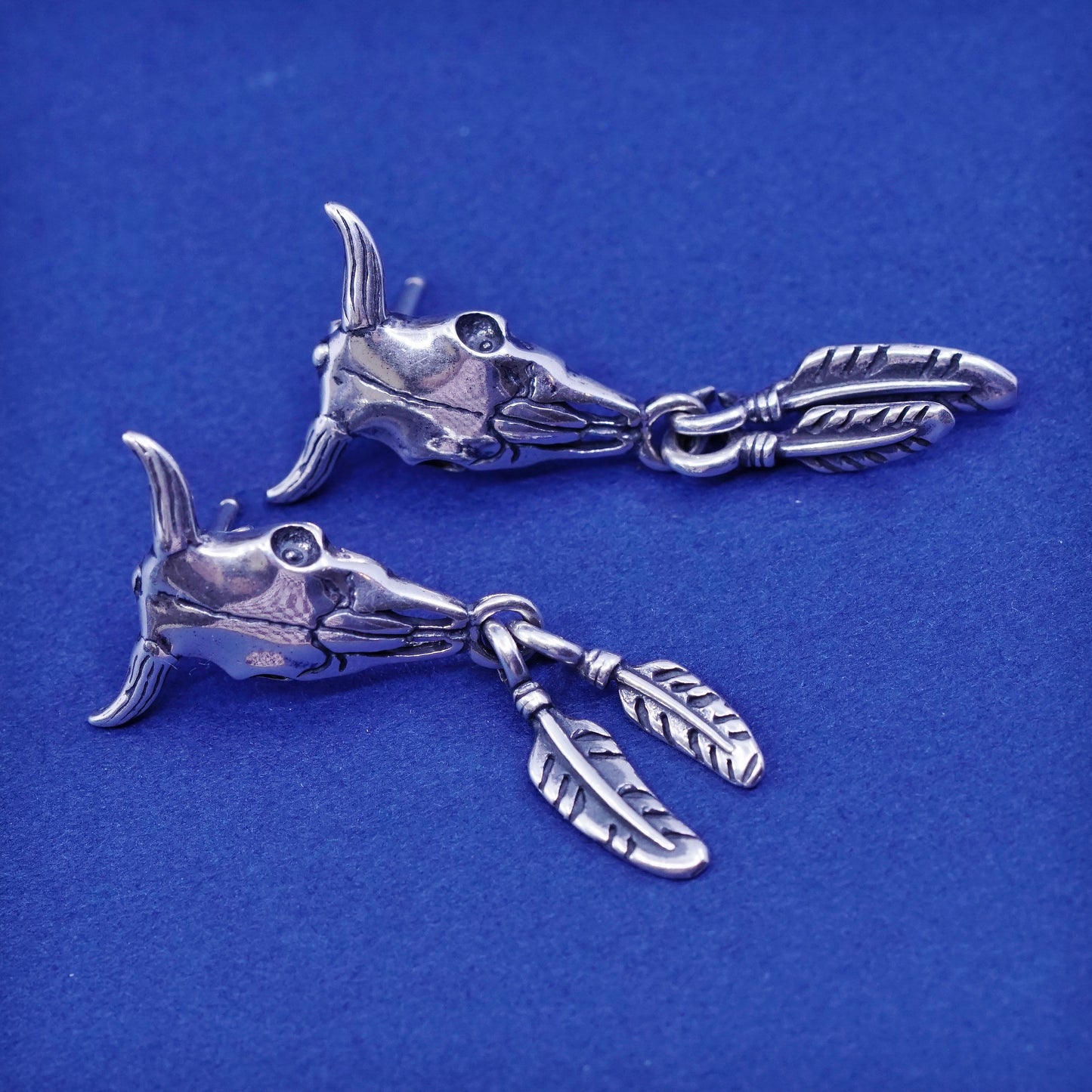 native Sheila Tso Masha Sterling silver earrings, 925 bull skull studs feathers