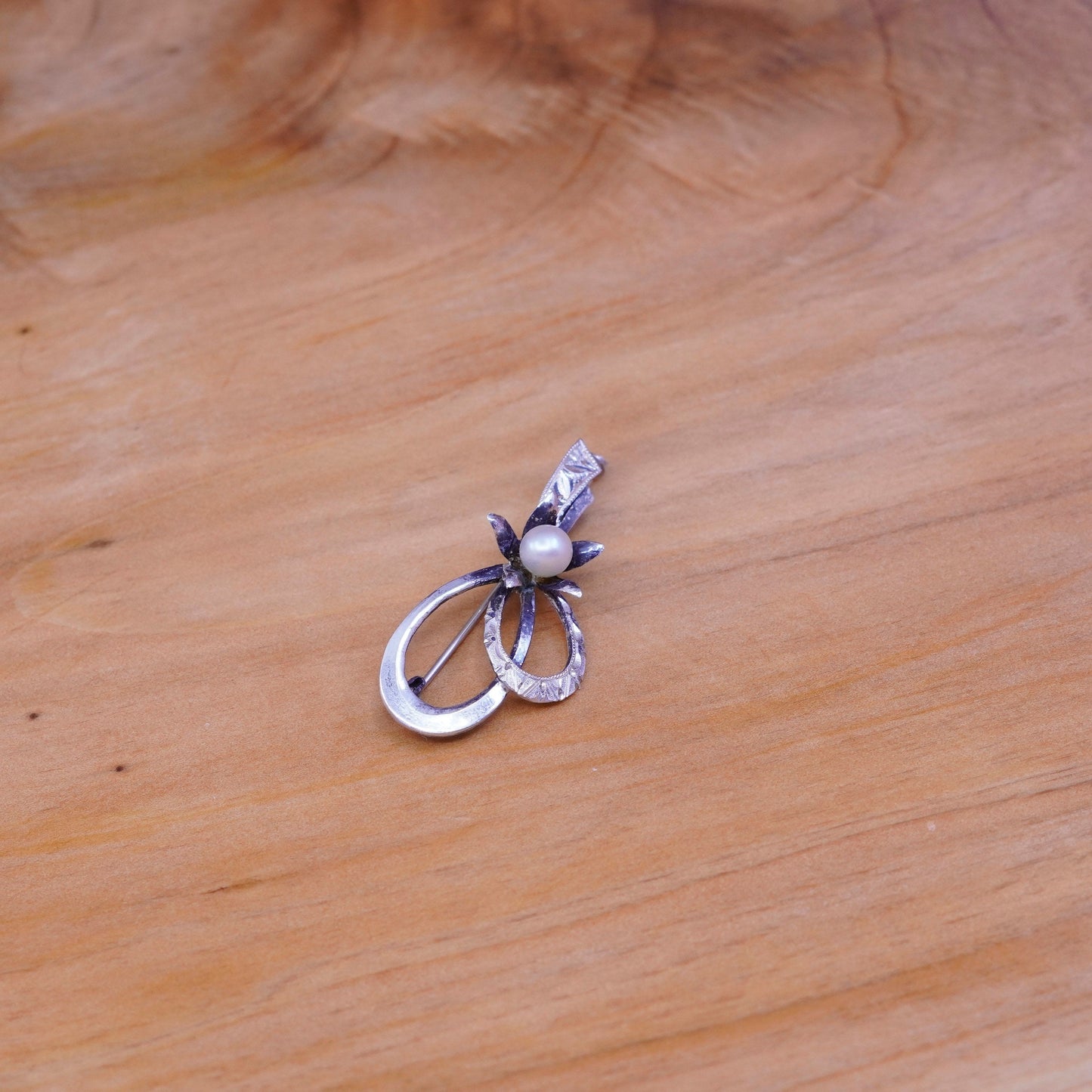 Vintage sterling silver handmade brooch, 925 ribbon flower with pearl details