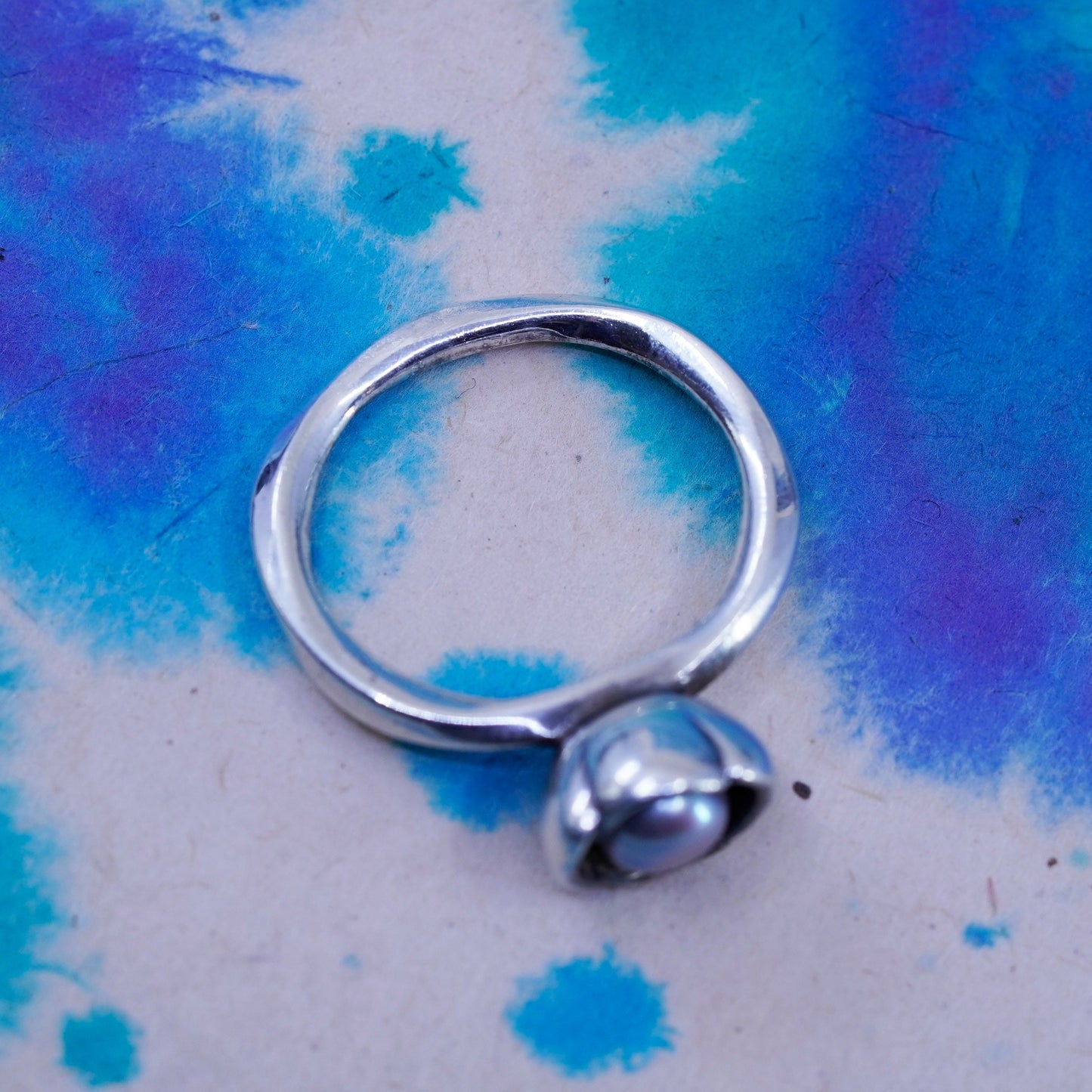 Size 7, vintage ALE sterling silver handmade ring, 925 stackable band w/ pearl