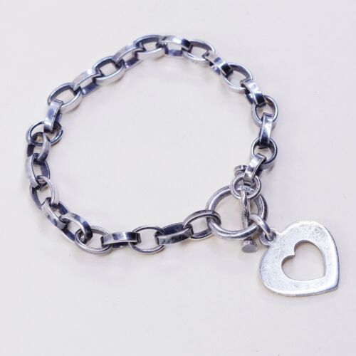 6.25” Vintage Sterling Silver Handmade Bracelet, 925 Silver chain w/ heart charm