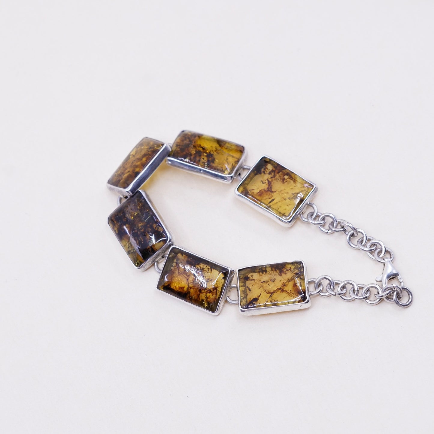 6.75+1”, Vintage sterling 925 silver handmade bracelet with amber