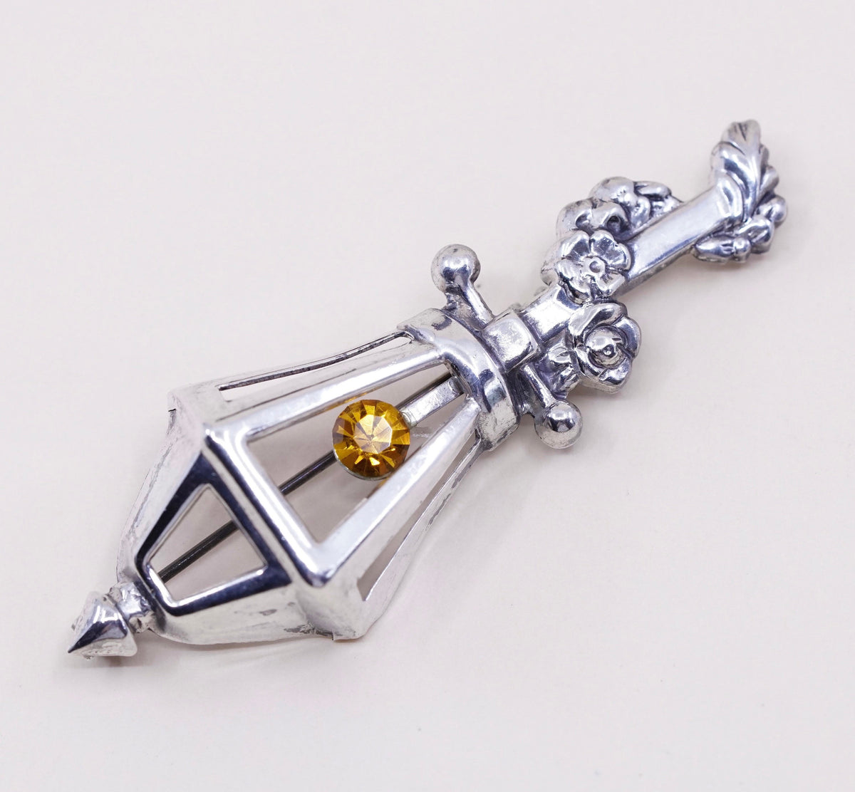 Vintage sterling silver handmade brooch, 925 road lamp light pin