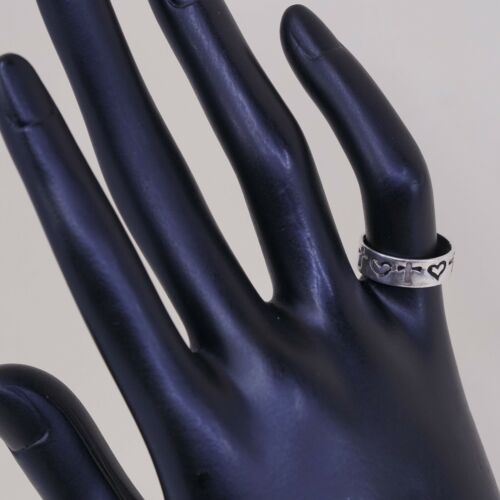 Sz 3.75, Vtg Sterling Silver Handmade Ring, 925 Silver Pinky Band W/ Heart Cross