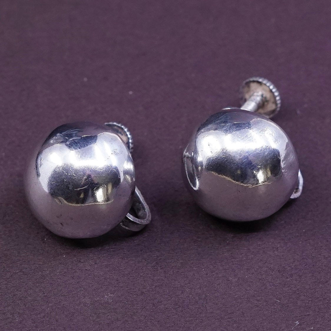 0.5” vtg Sterling silver handmade earrings, 925 silver puffy screw back