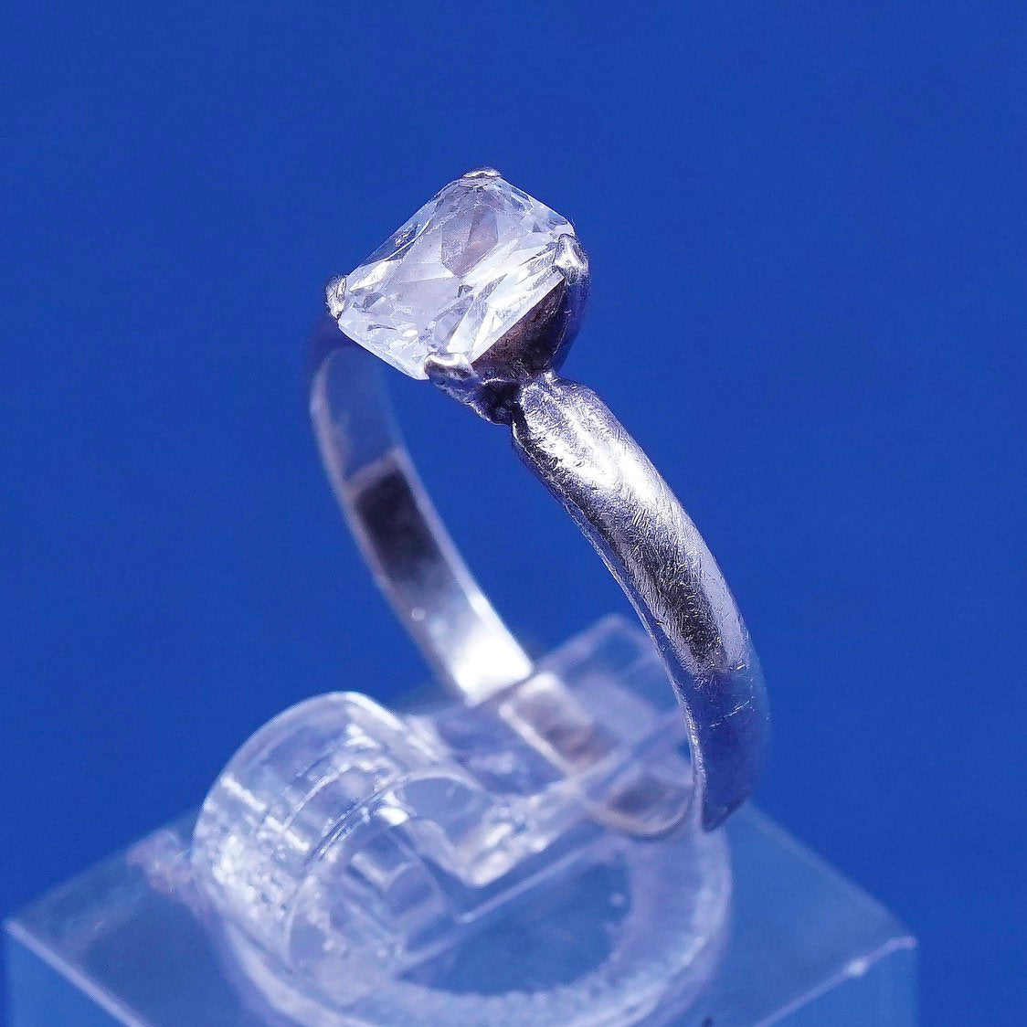 sz 6, vtg Sterling silver handmade ring, 925 engagement ring w/ crystal