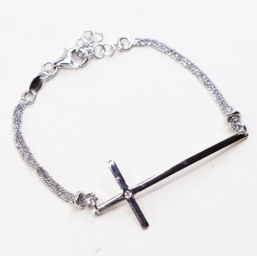 6.5”+1”, Vtg dyadema Sterling Silver Bracelet, 925 Fancy Chain W/ Cross N Cz
